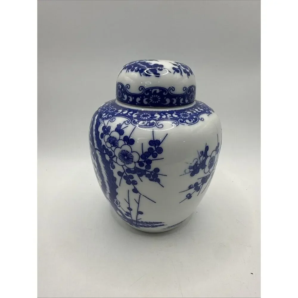 Blue & White Porcelain Floral Ginger Jar Style Lidded Jar Made in Japan *